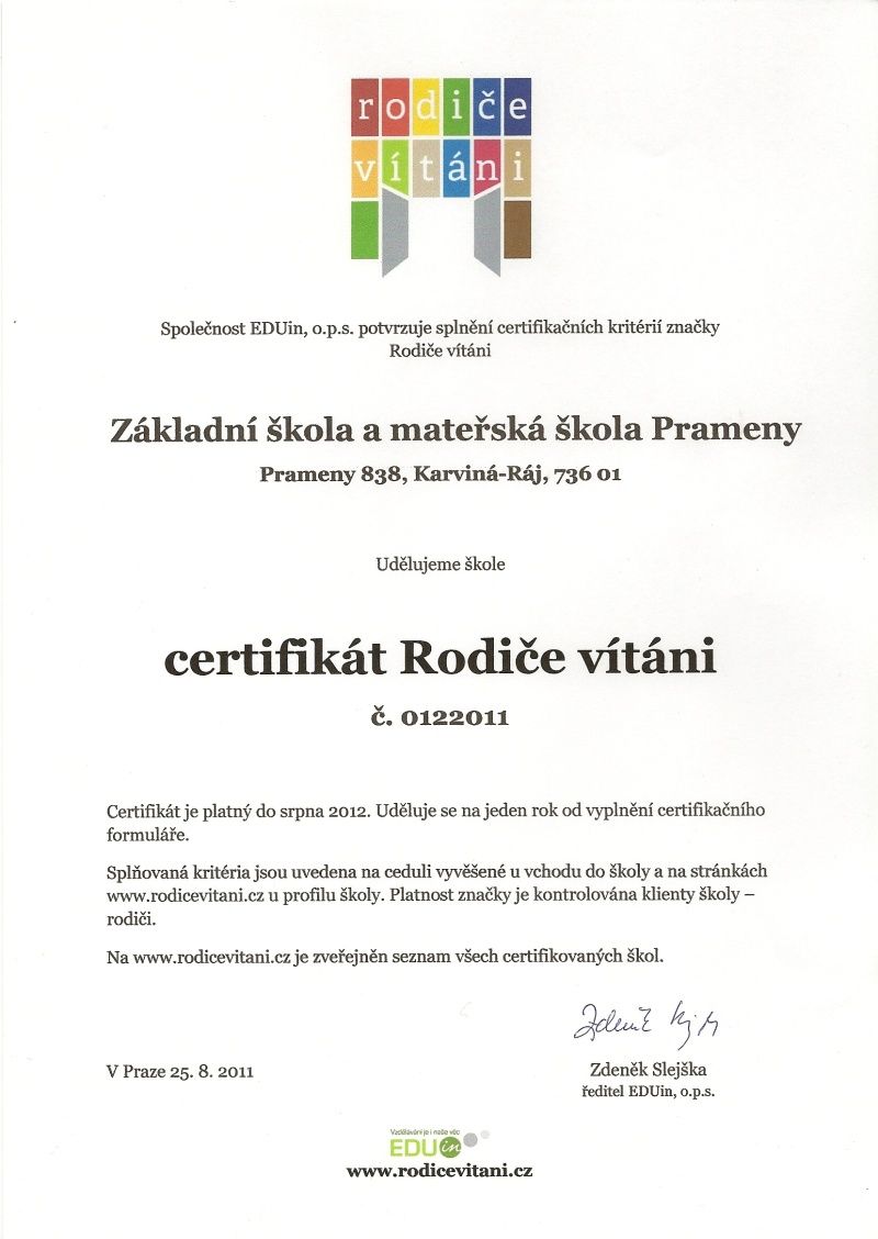 Certifikát rodiče vítáni